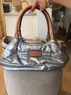 Kate Spade Silver Puffer Satchel/tote with Tan Leather Handles